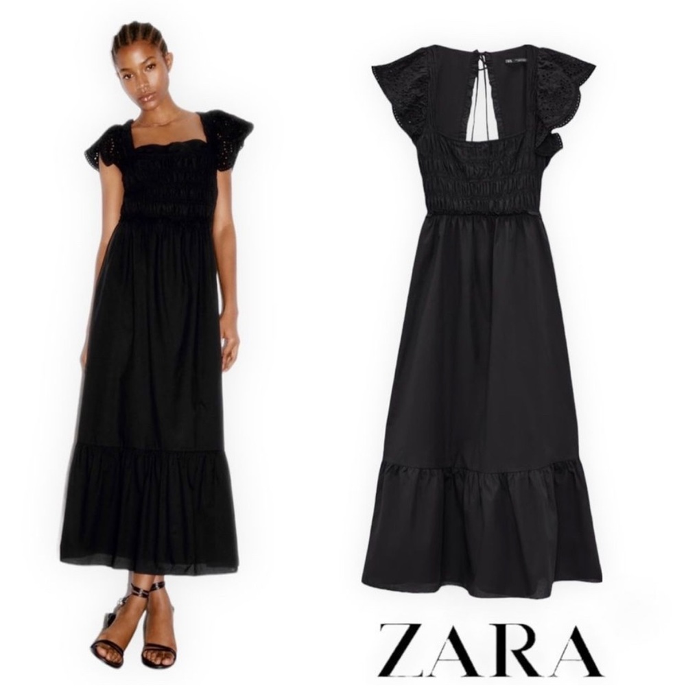 Zara Eyelet Embroidered Black Smocked Dress Medium